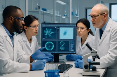 Scientists collaborating in a laboratory with advanced research software on display Scientists collaborating in a laboratory with advanced research software on display